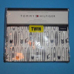 TOMMY HILFIGER Twin XL Sheet Set, 100% Cotton, NEW 3 pc, White Blue, surf beach